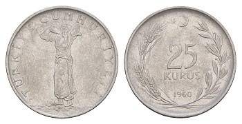 Турция 25 курушей 1960 KM 892.2 нержавеющая сталь 4648-654