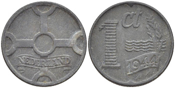 НИДЕРЛАНДЫ 1 ЦЕНТ 1944 ВИЛЬГЕЛЬМИНА I (1891-1948), ГЕРМАНСКАЯ ОККУПАЦИЯ, ВТОРАЯ МИРОВАЯ ВОЙНА KM 170 цинк 4532-1145