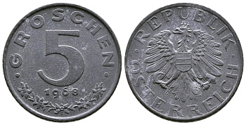 АВСТРИЯ 5 ГРОШЕЙ 1968 KM 2875 цинк UNC 57-1166