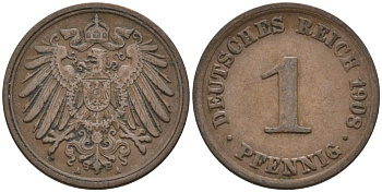 Германия 1 пфенниг 1908 A KM 10, J. 10 медь 4567-1256