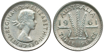 Австралия 3 пенса 1961 m, Елизавета II (1952-2022) KM 57 серебро 71-764