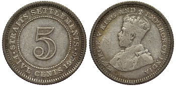 Стрейтс-Сетлментс 5 центов 1926 Георг V (1910-1936) КМ 36 серебро 53-521