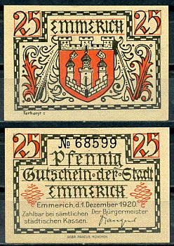Германия, Эммерих 25 пфеннигов 1920 нотгельд, желтая, 1.12.1920 Tieste 1710/20 бумага UNC (пресс) 8614-42-1-1