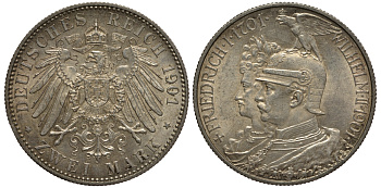 Пруссия 2 марки 1901 A, 200 лет Прусской королевской династии (Фридрих I - Вильгельм II) J.105, Weege 105, KM 525 серебро 3711-1033