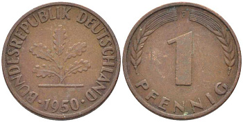 ФРГ 1 ПФЕННИГ 1950 F KM 105, J. 380 сталь плакированная медью 116-354