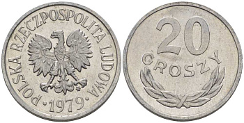 ПОЛЬША 20 ГРОШЕЙ 1979 MW KM А47 алюминий 201-466