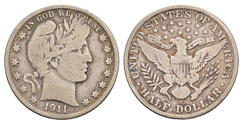 США 1/2 доллара (50 центов) 1911 S, 50 центов Барбера KM 116 серебро    5010-1722