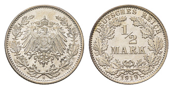 Германия 1/2 марки 1919 E KM 17, J. 16 серебро UNC 3896-813