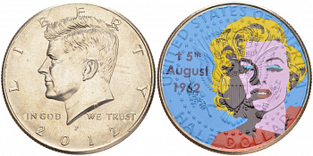 США 1/2 доллара (50 центов) 2012 D, Джон Кеннеди, 50 лет со дня смерти Мерлин Монро, цветная эмаль медь плакированная медно-никелем UNC 1099-2-62
