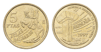 Испания 5 песет 1997 Хуан Карлос I (1975-2014), Балеарские острова, всадник KM 981 алюминиевая бронза 116-616