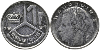 БЕЛЬГИЯ 1 ФРАНК 1991 BELGIQUE KM 170 сталь плакированная никелем 99-1226