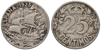 Испания 25 сентимо 1925 парусник, РС-S, год тип KM 740 медно-никель    4116-647