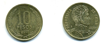ЧИЛИ 10 ПЕСО 2010 ГЕНЕРАЛ БЕРНАРДО О ХИГГИНС KM 228.2 никель-бронза 37-857