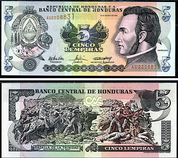 Гондурас 5 лемпира 2004 Франсиско Морасан, сцена битвы за Тринидад Pick 85d бумага UNC (пресс) 6283-24-2-2