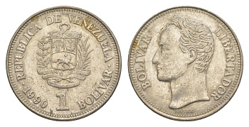 Венесуэла 1 боливар 1990 Симон Боливар, толстый шрифт Y 52a.2 сталь плакированная никелем 4592-643