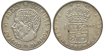 Швеция 1 крона 1962 U, Густав VI Адольф (1950-1973) KM 826 серебро 4178-434