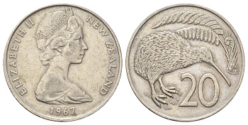Новая Зеландия 20 центов 1967 Елизавета II (1952-2022), птичка киви KM 36 медно-никель 4699-1113
