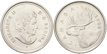 Канада 25 центов 2005 P, Елизавета II, олень KM 493 сталь плакированная никель aUNC 4143-355