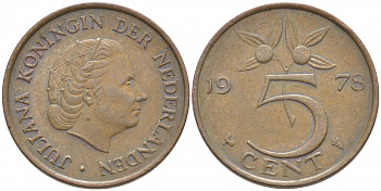 НИДЕРЛАНДЫ 5 ЦЕНТОВ 1978 ЮЛИАНА KM 181 бронза 3856-514