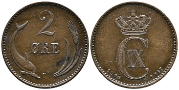 ДАНИЯ 2 ЭРЕ 1899 VBP, КРИСТИАН IX (1863-1906) KM 793.2 бронза 24-1134