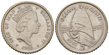 Остров Мэн 5 пенсов 1990 Елизавета II (1952-2022) KM 209.2 медно-никель aUNC 4618-568