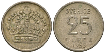 Швеция 25 эре 1953 TS, Густав VI Адольф (1950-1973) KM 824 серебро 4621-329