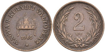 Венгрия 2 филлера 1905 КВ, Франц Иосиф I (1848-1916) KM 481 бронза 54-917
