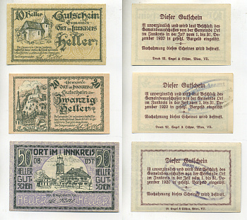 АВСТРИЯ НАБОР ИЗ 3 БАНКНОТ 1920 ДО 31 ДЕКАБРЯ 1920, НОТГЕЛЬД, 10, 20, 50 ГЕЛЛЕРОВ, ORT im INNKREIS бумага aUNC 6278-67-2