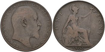 Великобритания 1 пенни 1905 Эдуард VII (1901-1910) KM 794.2, Sp 3990 бронза 4144-735