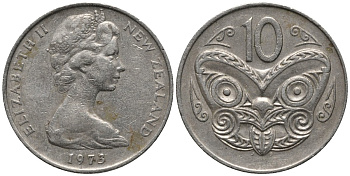 Новая Зеландия 10 центов 1973 Елизавета II (1952-2022), маска маори KM 41.1 медно-никель 4579-946