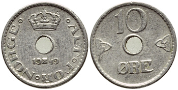 НОРВЕГИЯ 10 ЭРЕ 1949 ХОКОН VII (1905-1957) KM 383 медно-никель 4396-412