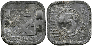 НИДЕРЛАНДЫ 5 ЦЕНТОВ 1941 ВИЛЬГЕЛЬМИНА (1890-1948) KM 172 цинк 176-835