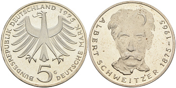 ФРГ 5 марок 1975 G, 100 лет со дня рождения Альберта Швейцара KM 143, J.418 серебро PROOF 02-230-47