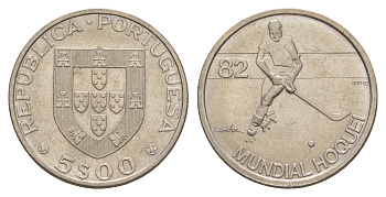 Португалия 5 эскудо 1982 Чемпионат мира по хоккею на роликах KM 615 медно-никель aUNC 4566-241