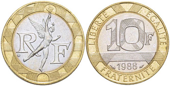 Франция 10 франков 1988 тип гений Бастилии KM 964.1, Le Franc 375.2 биметалл 217-312