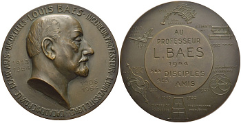 Бельгия медаль 1954 Louis Baes инженер профессор Свободного университета (1906-1954), член Академии изящных искусств Брюсселя (1913-1954), медальер Marnix d' Haveloose, диаметр 70 мм,  бронза 3-5-2-23