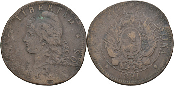 Аргентина 2 сентаво 1891 голова свободы влево KM 8 бронза 63-522