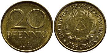 ГДР 20 пфеннигов 1969 А, первый год KM 11 латунь UNC 73-1447