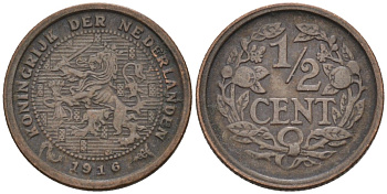 Нидерланды 1/2 цента 1916 Вильгельмина (1890-1948) KM 138 бронза 4576-364