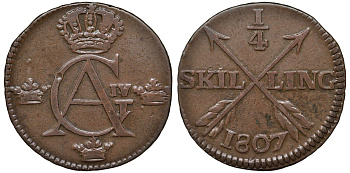 Швеция 1/4 шиллинга 1807 Густав IV Адольф (1792-1809) KM 564 медь 1518-113
