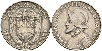 Панама 1/4 бальбоа 1966 Васко Нуньес де Бальбоа KM 11а медь плакированная медно-никелем    4603-211