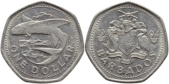 Барбадос 1 доллар 1994 летучая рыба KM 14.2 медно-никель 4398-256