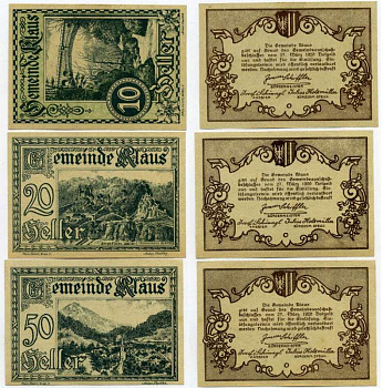 Австрия, Клаус набор из 3 банкнот 10, 20, 50 геллеров 1920 27 марта 1920, нотгельд, коммуна в земле Форарльберг   бумага  UNC (пресс) 7555-26-1-1