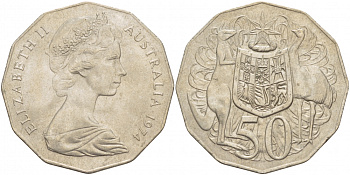 Австралия 50 центов 1974 Елизавета II (1952-2022), герб Австралии, кенгуру KM 68 медно-никель 111-812