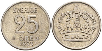 Швеция 25 эре 1953 TS, Густав VI Адольф (1950-1973) KM 824 серебро 4147-1033