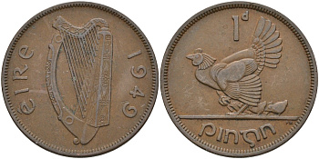 Ирландия 1 пенни 1949 курица с цыплятами KM 11 бронза 4137-721