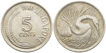 Сингапур 5 центов 1980 большая белая цапля KM 2 медно-никель 105-1247