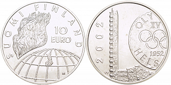 Финляндия 10 евро 2002 50 лет Олимпиаде 1952 года в Хельсинки KM 107 серебро UNC 01-162-25