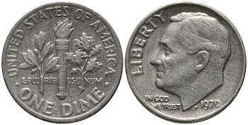 США 10 ЦЕНТОВ = 1 ДАЙМ 1970 РУЗВЕЛЬТ KM 195а медь плакированная медно-никелем 112-635