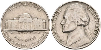 США 5 центов 1962 Джефферсон KM А192 медно-никель 92-1047